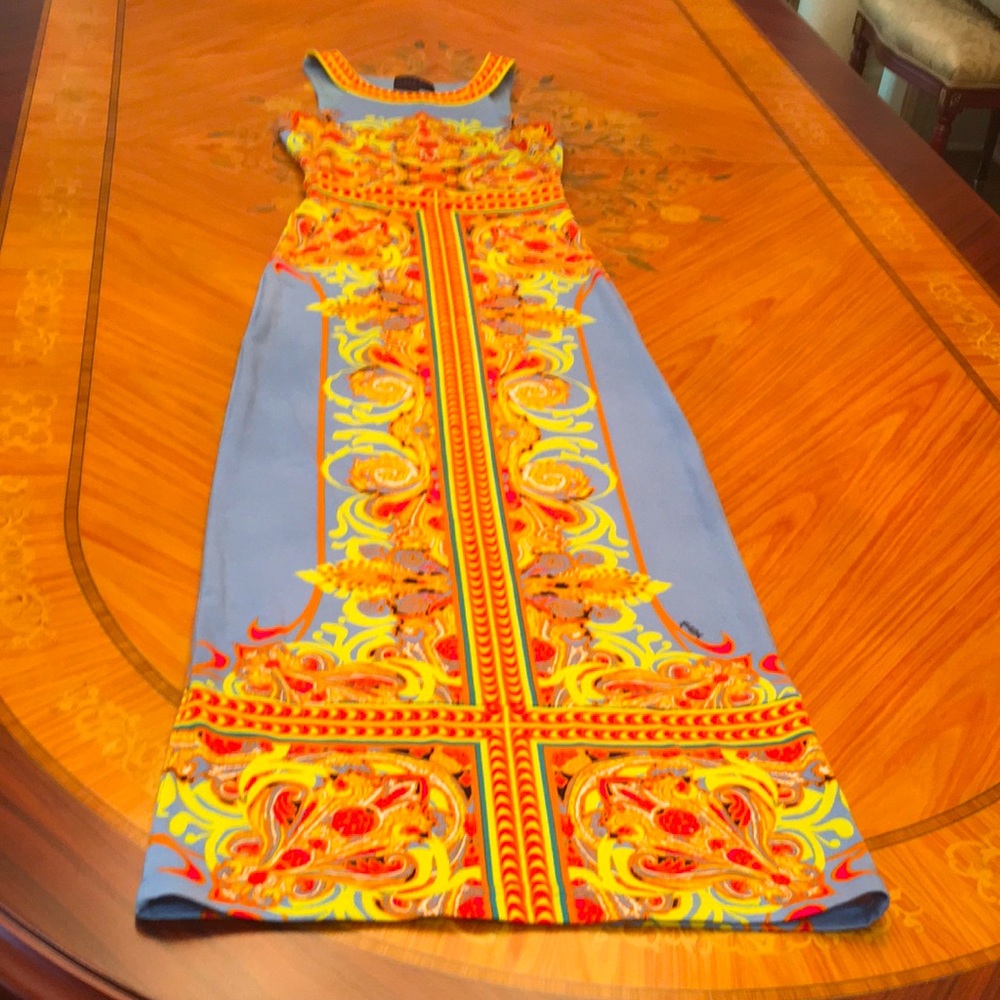 Hale Bob Grecian sleeveless multicolored print yellow blue maxi dress sz.XXS
